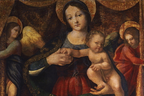 Icône Saint Triptyque De Mural Peinture Sur Bois 3 Anges Et Madonna Fine  '900